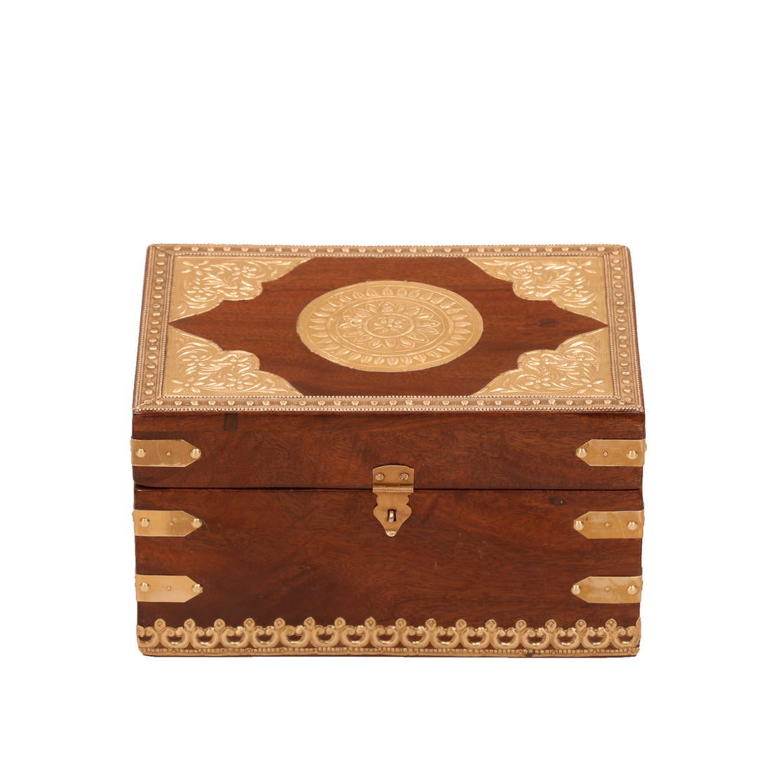 Golden Toned Handmade Brass Fitted Wooden Jewelry Box for Home Wooden Box