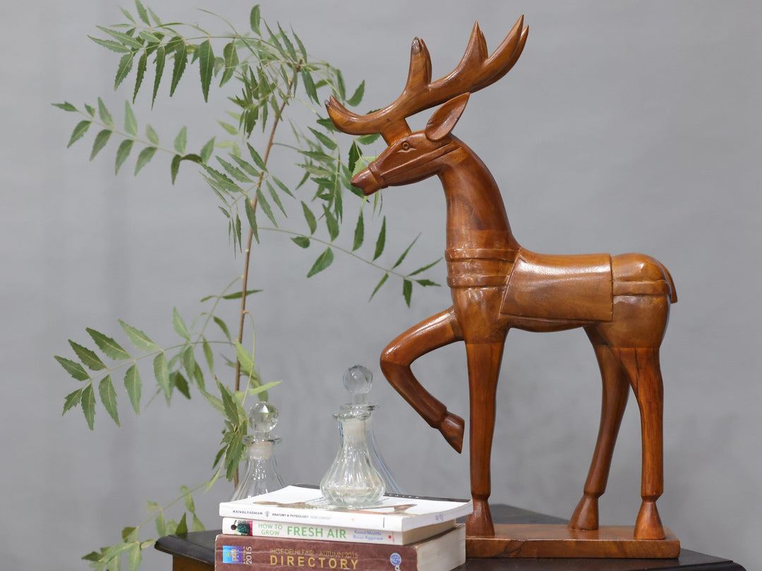 Wooden Dancing Deer Curio Frontward Animal Figurine