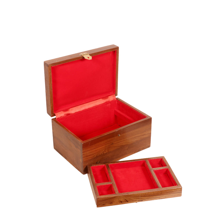 Compact teak multi compartment jewelry box Wooden Box