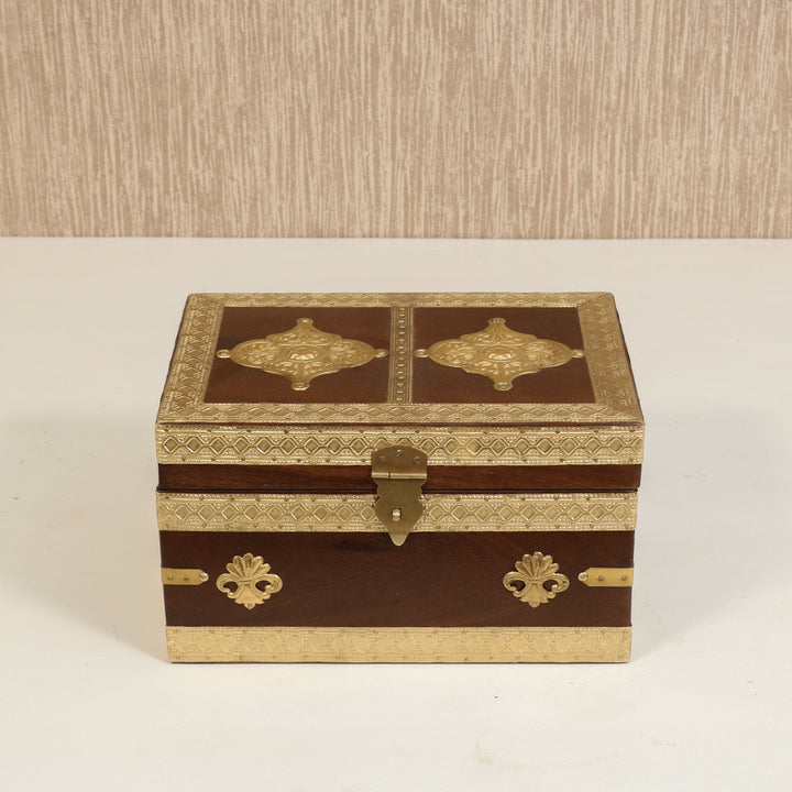 Antique Golden Brass Fitted Wooden Handmade Jewellery Box Wooden Box