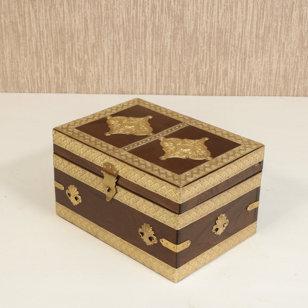 Antique Golden Brass Fitted Wooden Handmade Jewellery Box Wooden Box