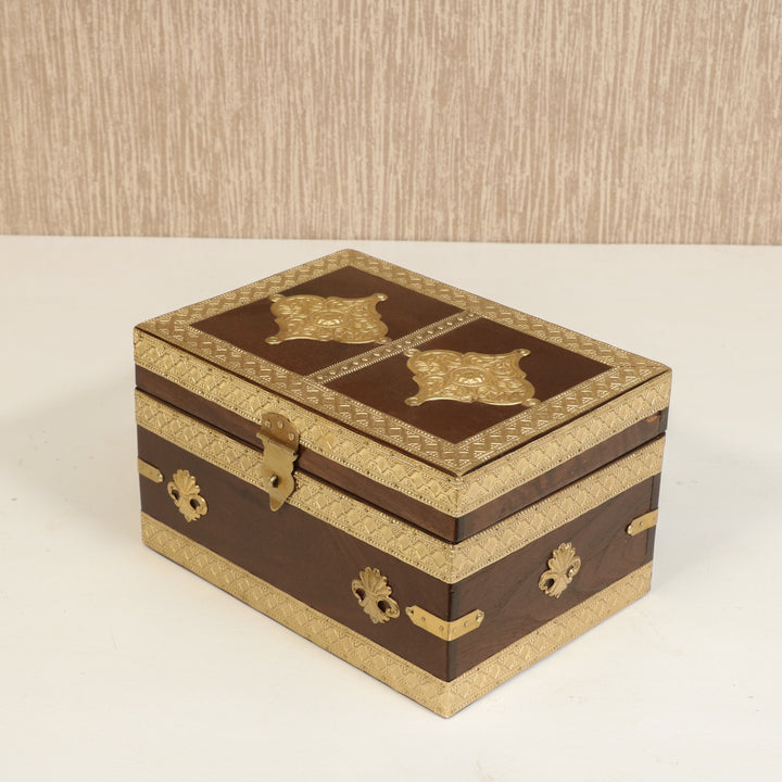 Antique Golden Brass Fitted Wooden Handmade Jewellery Box Wooden Box