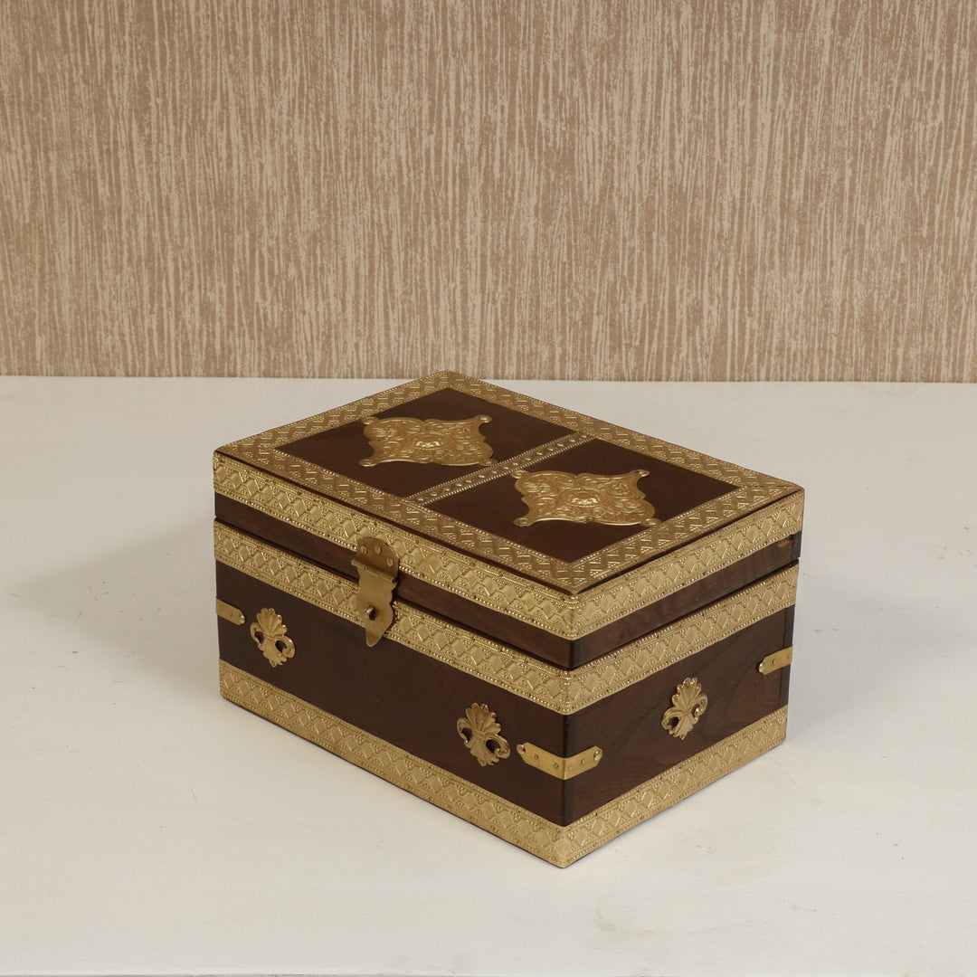 Antique Golden Brass Fitted Wooden Handmade Jewellery Box Wooden Box