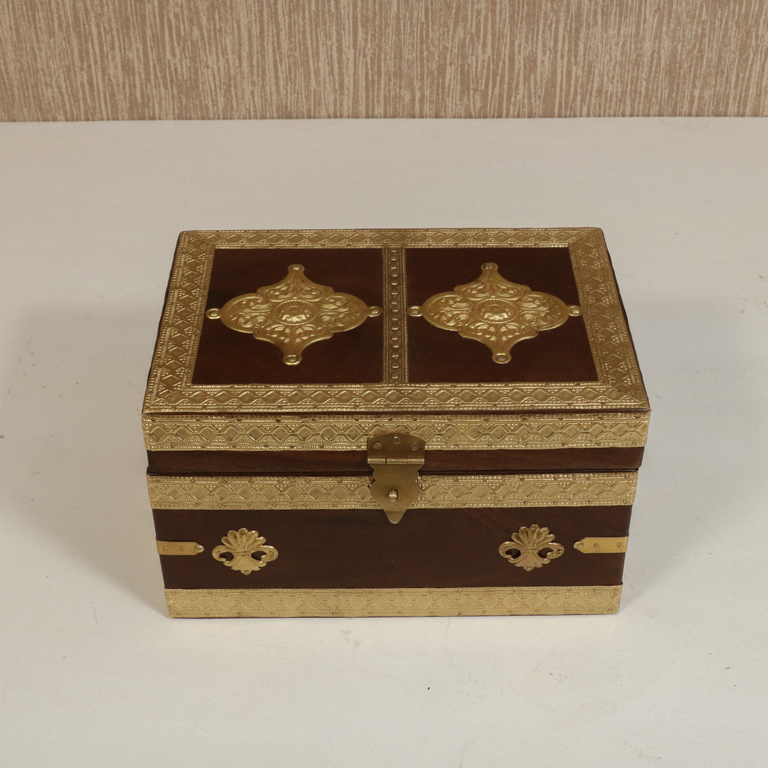 Antique Golden Brass Fitted Wooden Handmade Jewellery Box Wooden Box
