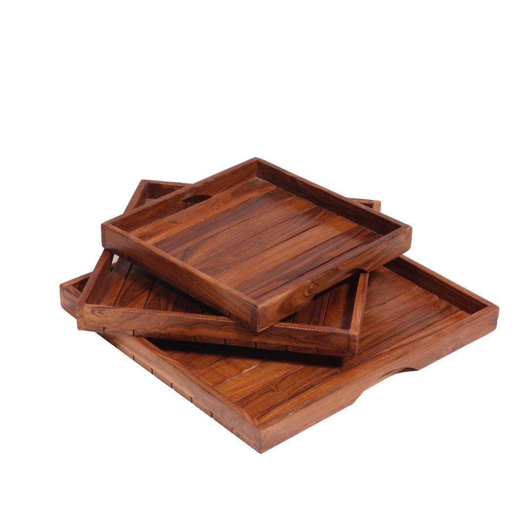 Classic Simple Strip Designed Handmade Wooden Tray - Set of 3 Tray