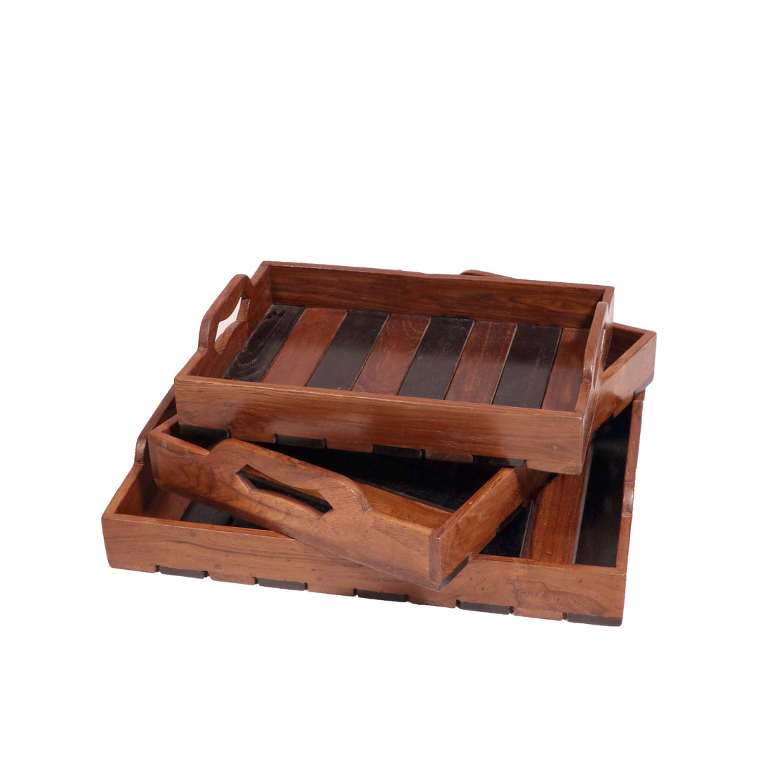 Stripped Sober Styled Handmade Wooden Tray - Set of 3 Tray