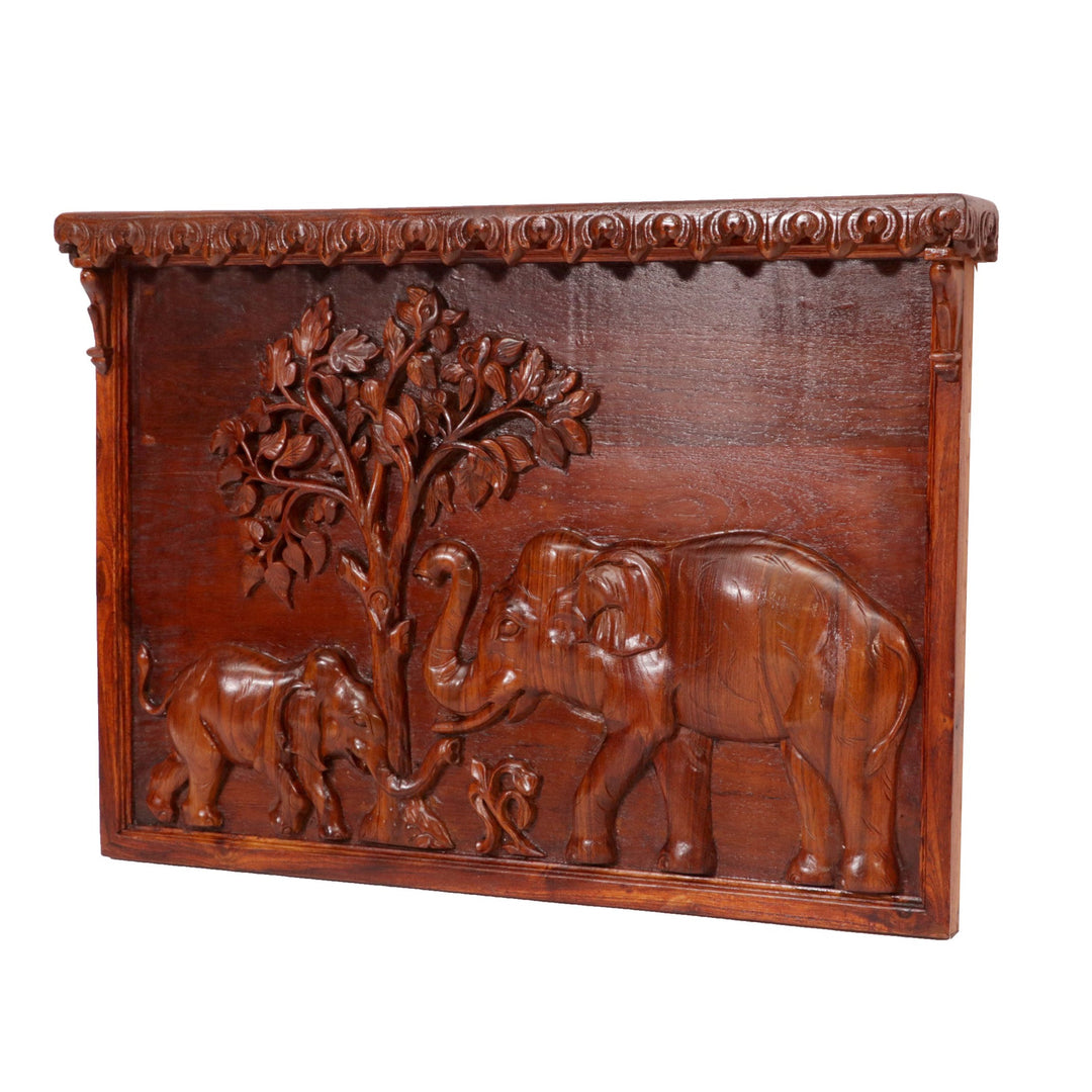 Elephant Family Forest View Teak Frame Wall Decor