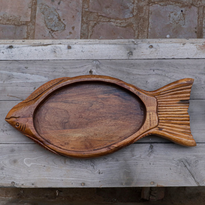 Unique Natural Brown Finished Fish Style Wooden Handmade Tray Tray