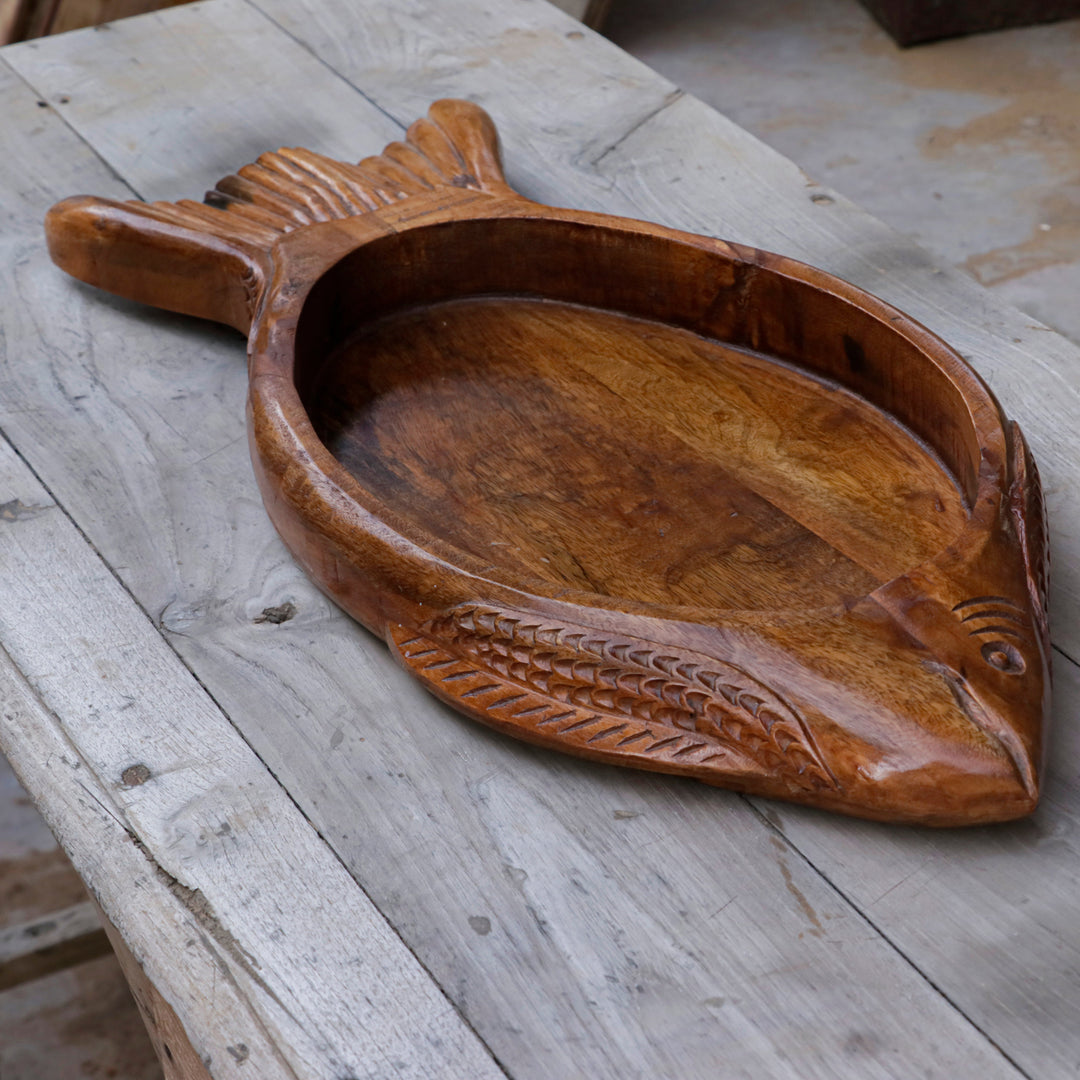 Unique Natural Brown Finished Fish Style Wooden Handmade Tray Tray