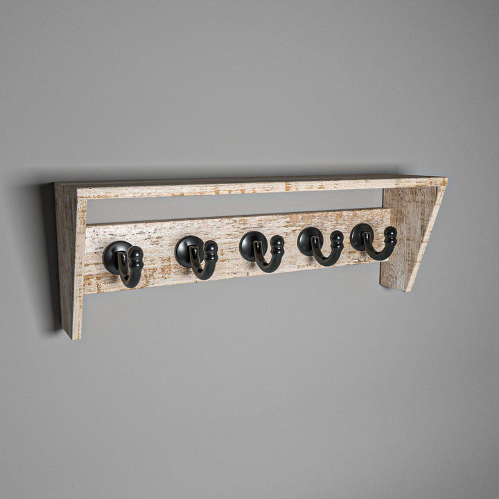 Antique White Distressed Plank Style Wooden 5 Wall Hanging Hook Hook