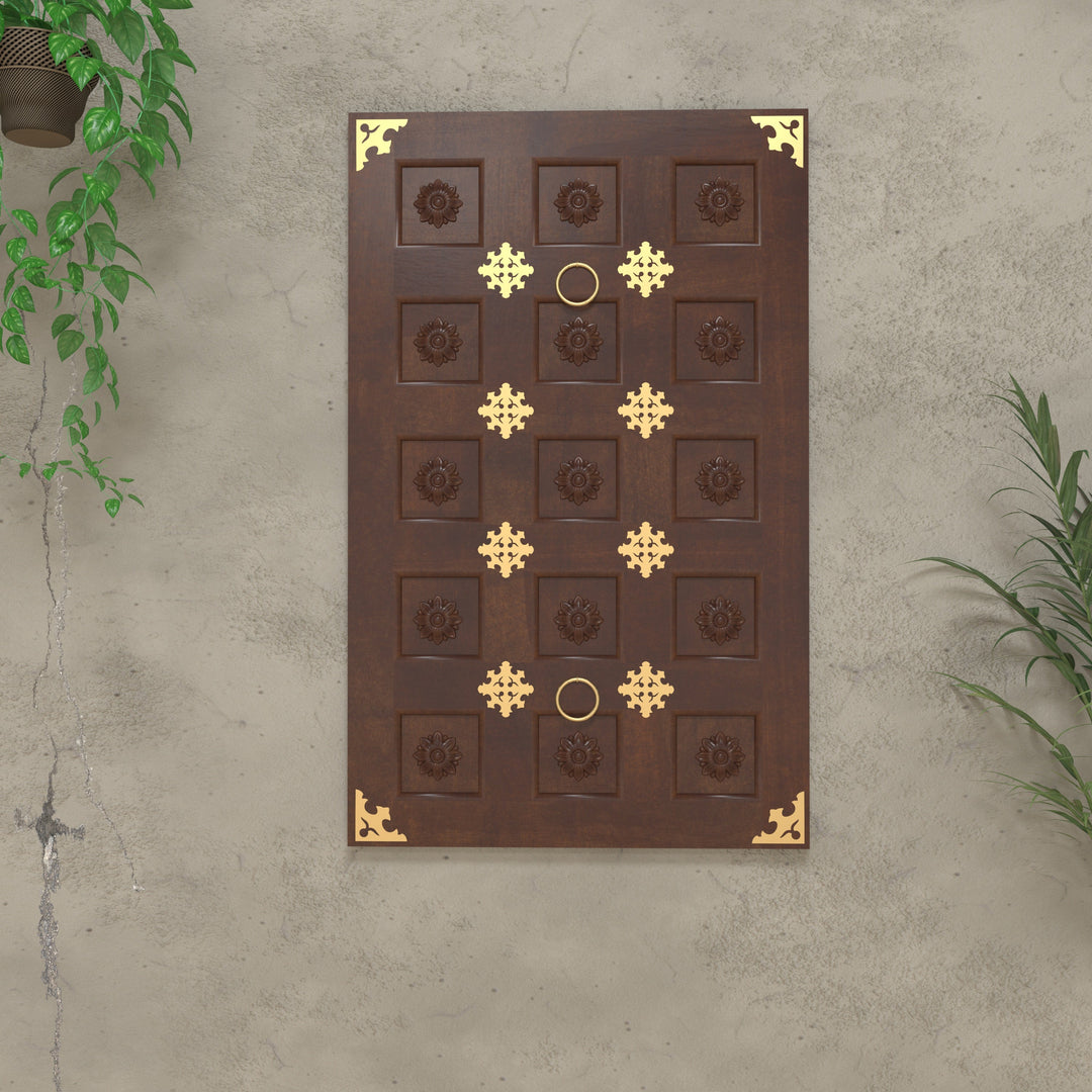 Traditional Brass-Accented Wooden Wall Panel – Temple Door Style Décor Wall Decor
